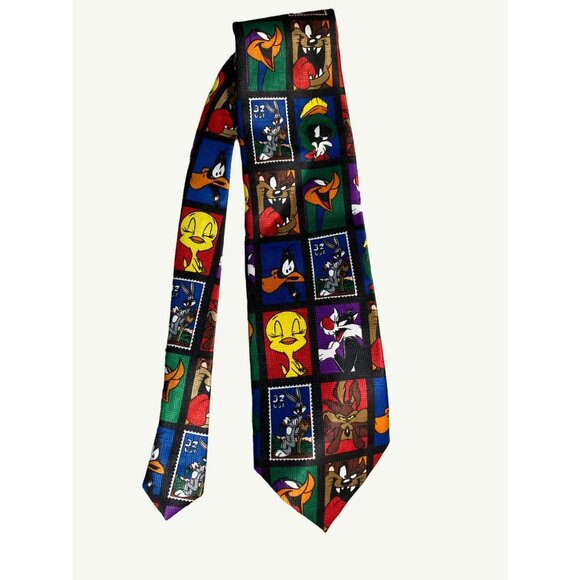 Looney Tunes Postage Stamp Collection Men's Necktie Tweety Bird Roadrunner - Picture 1 of 9